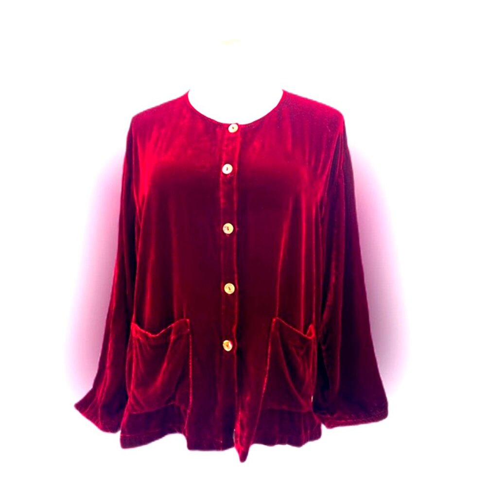 KLEEN Dark Red Bordeaux Red Rose Velvet Silk Rayon Button Down Blouse Shirt SM